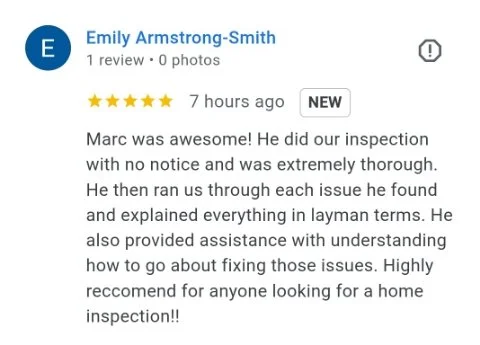 Screenshot of a positive review for a home inspection from Emily Armstrong-Smith, praising inspector Marc for thoroughness and helpfulness.