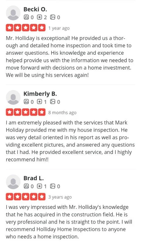 Screenshot of online reviews praising Mark Holliday for home inspection services, highlighting his expertise, thoroughness, and professionalism.