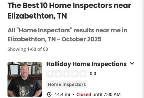 Screenshot of search results highlighting the top 10 home inspectors near Elizabethton, TN, including Holliday Home Inspections, with a photo of a smiling male home inspector in a black shirt.