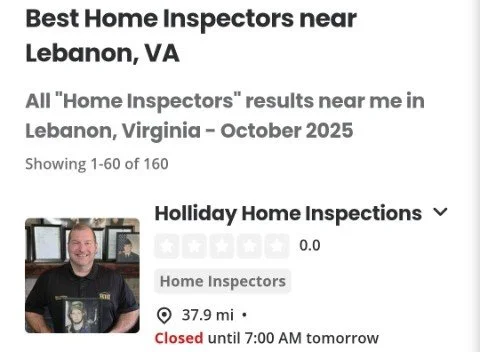 Search results for home inspectors near Lebanon, VA, showing a profile for Holliday Home Inspections, with a photo of a smiling man in a black shirt, located 37.9 miles away, currently closed until 7:00 AM tomorrow.
