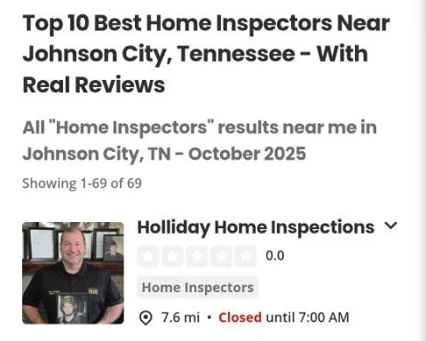 Screenshot of a webpage listing top home inspectors near Johnson City, Tennessee, with reviews and a specific inspector named Holliday Home Inspections, showing two stars and a zero rating, located 7.6 miles away and currently closed until 7:00 AM.
