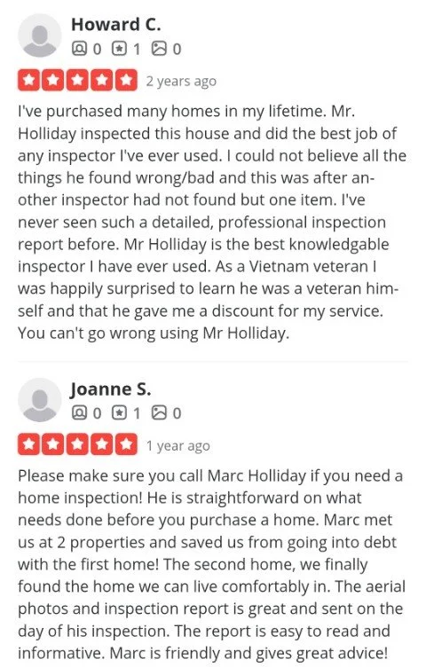 Customer reviews praising inspector Mr. Holliday for thorough home inspections and professional service.