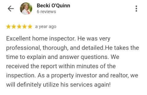Screenshot of a positive online review for a home inspector, written by Becki O'Quinn, praising his professionalism and thoroughness.