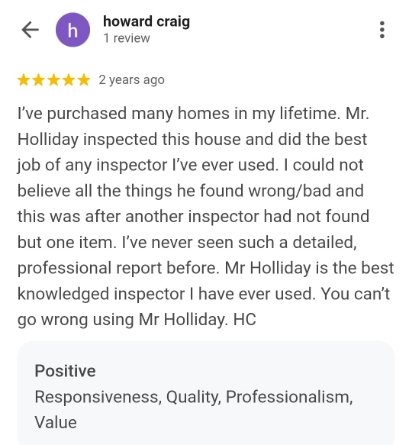 Screenshot of a Google review with five stars from Howard Craig praising an inspector named Mr. Holliday.