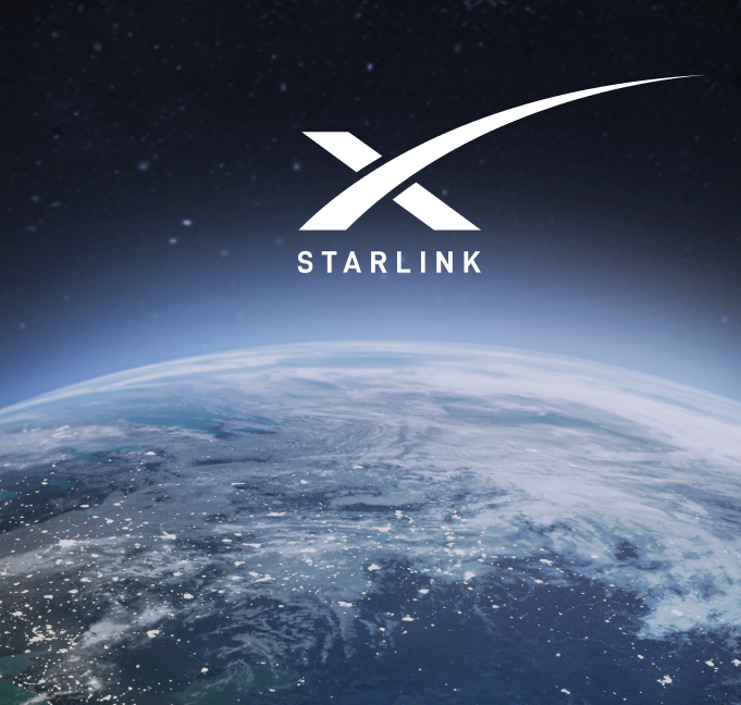 Starlink logo over Earth from space with visible landmasses and cloud cover.