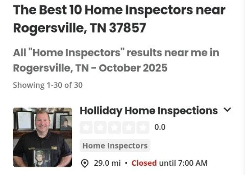 Search results for home inspectors near Rogersville, TN, showing a list with the top 10, dated October 2025, featuring a profile of Holliday Home Inspections, a 29.9-mile distance, and closed status until 7:00 AM.