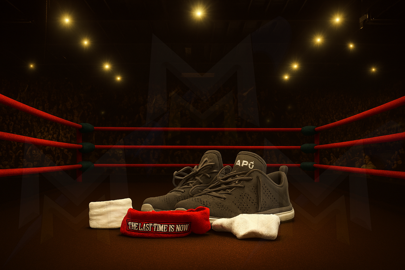 John Cena-inspired wrestling gear displayed on a worn ring mat inside a packed arena, featuring athletic shoes and signature wristbands