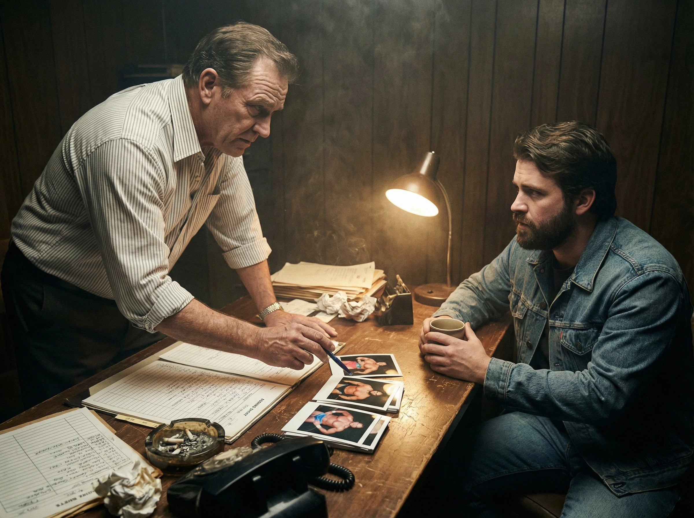 professionals in a conference room planning a wrestling event, with printed match cards displaying a wrestling card layout featuring main event and tag team match structures.