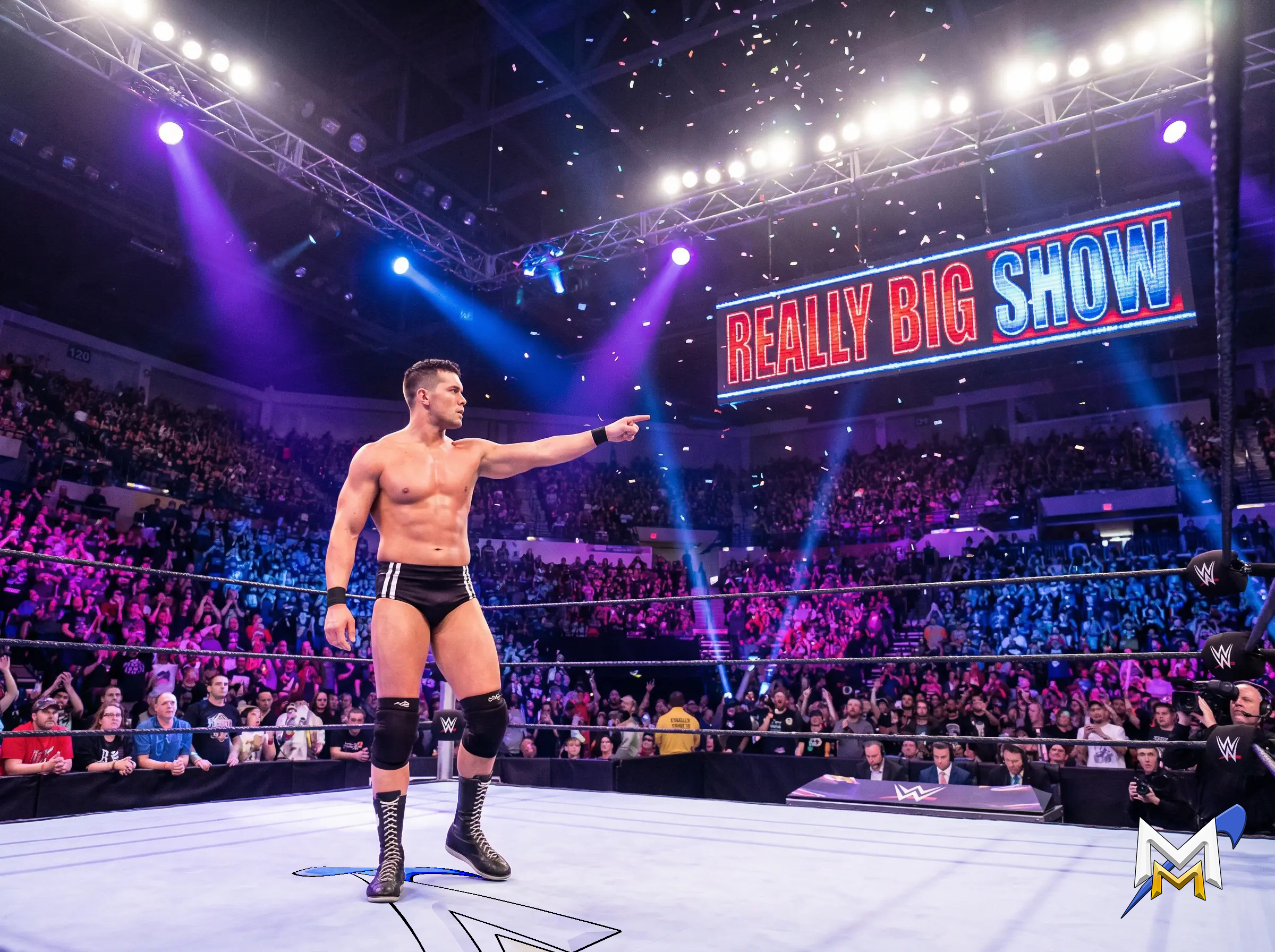 Professional wrestler standing in a brightly lit arena ring with a packed crowd and a large “REALLY BIG SHOW” sign overhead.