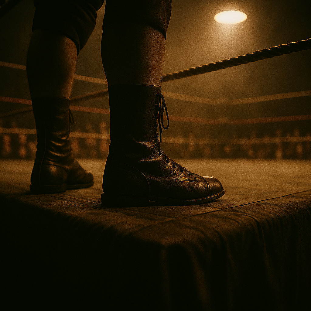 Close-up of worn black wrestling boots standing on the edge of a ring apron under a single overhead spotlight, with ropes and a dimly lit crowd in the background creating a gritty, dramatic atmosphere