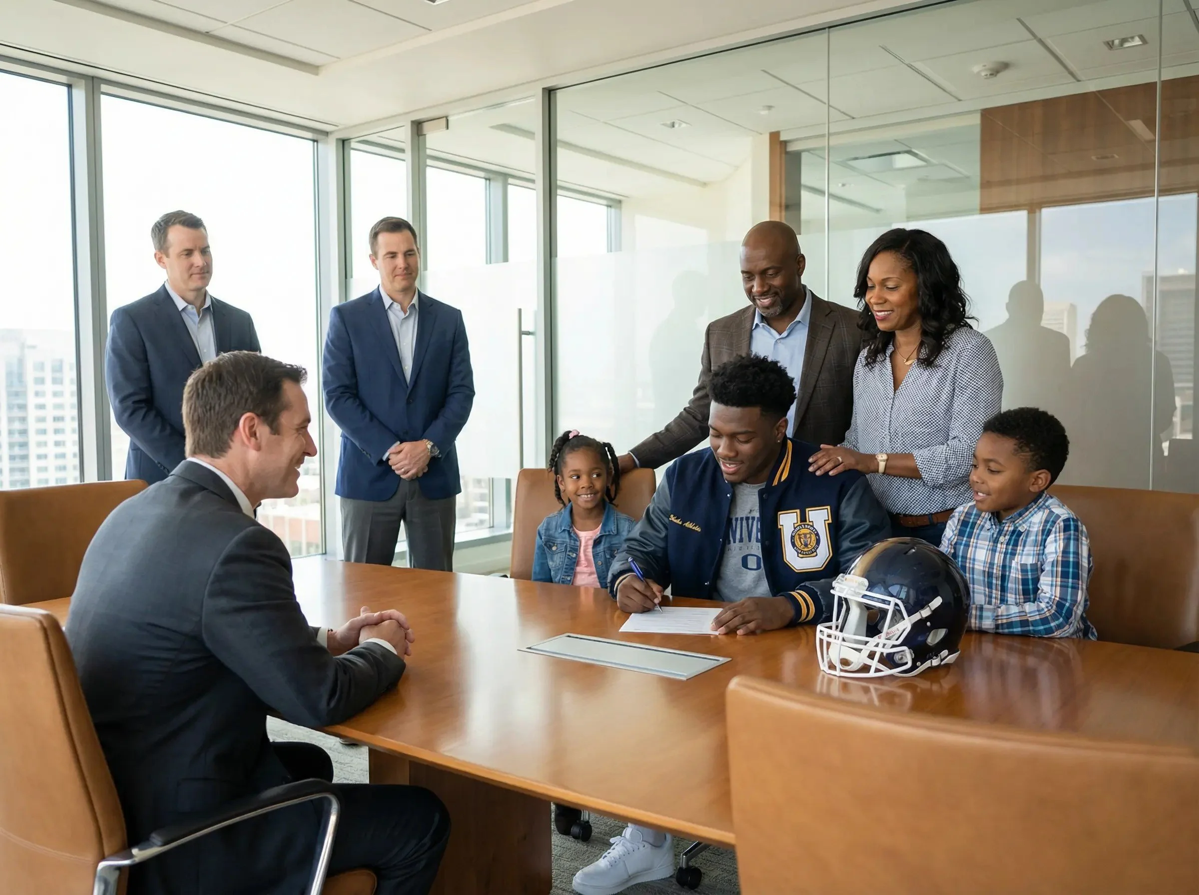 Student-athlete  signing NIL agreement with branding materials on the table and surrounded by family.