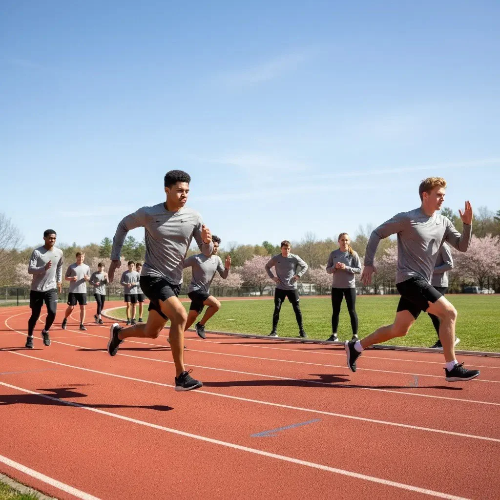 Athletes sprinting on an outdoor track during team training, with others jogging in the background under a clear blue sky.