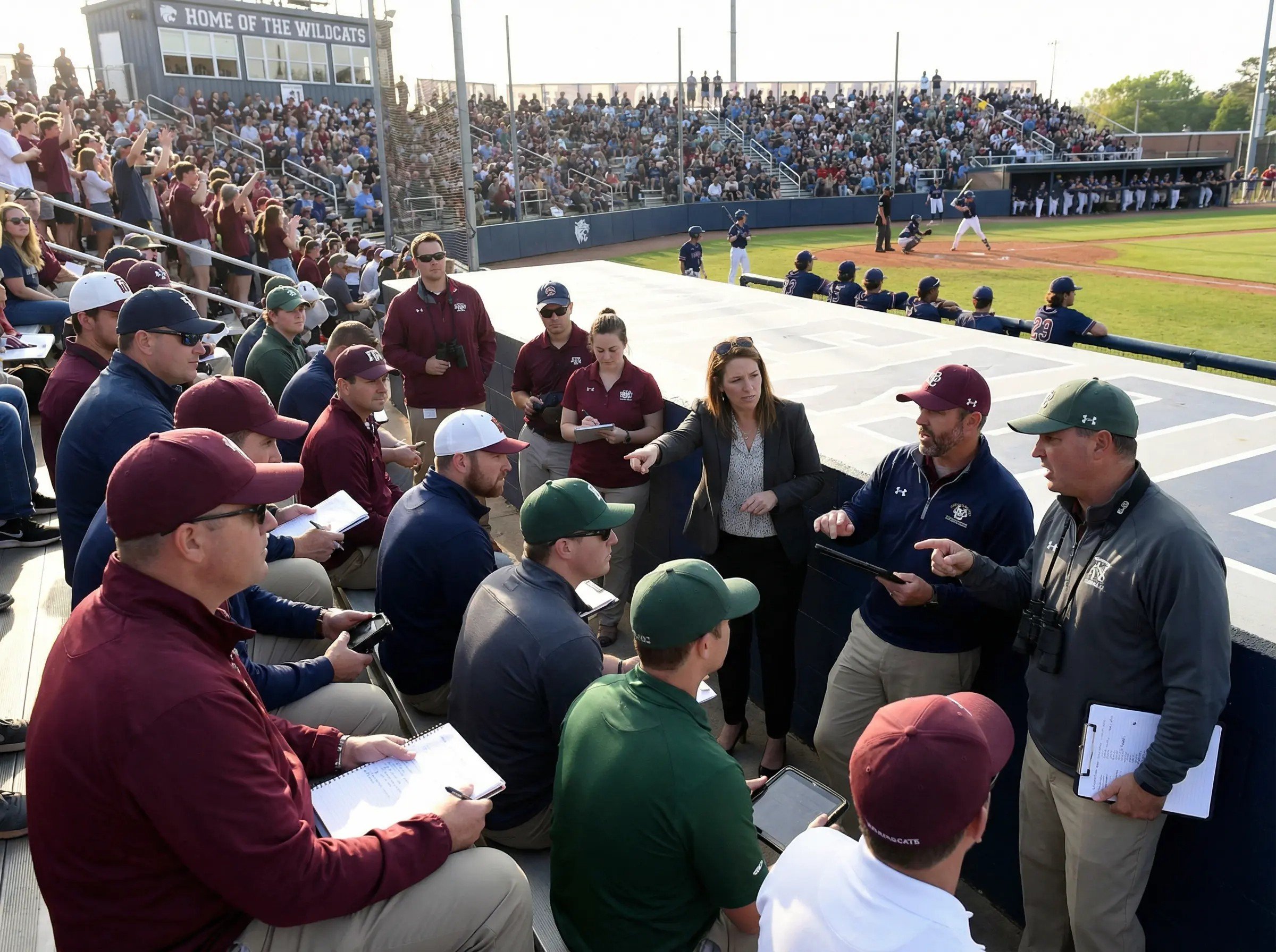 Coaches gathered in the stands discussing recruits during a live baseball game, with a packed stadium in the background.