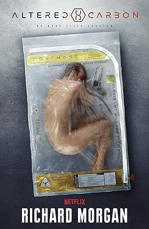 A transparent plastic bag with the 'Altered Carbon' logo and Netflix branding contains a curled-up digital rendering of a human figure with a realistic appearance.