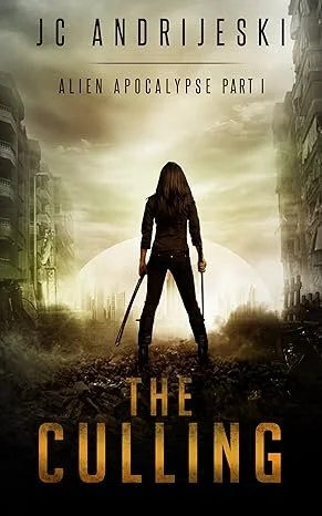 Book cover titled 'The Culling' by JC Andrjeski, featuring a woman with long hair holding a sword, standing in a post-apocalyptic city street with ruined buildings and a domed structure in the background.