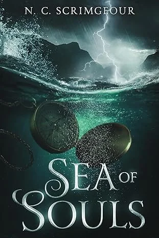 Book cover titled 'Sea of Souls' by N.C. Scrimgeour. Features a stormy sea with waves, lightning in the sky, and submerged pocket watches.