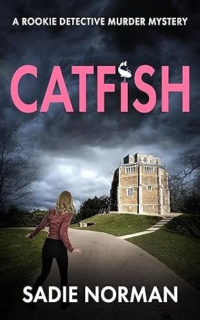 Book cover for 'Catfish' by Sadie Norman featuring a young girl walking on a path towards a castle-like building with dark, stormy clouds in the sky.