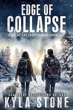 Two people walking with a dog in a snowy landscape, with trees and parked cars in the background, on the cover of a book titled 'Edge of Collapse' by Kyla Stone.