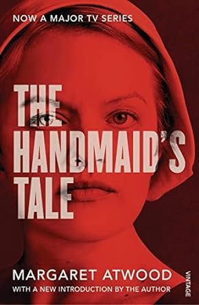 Book cover of 'The Handmaid's Tale' by Margaret Atwood featuring a red-tinted portrait of a woman with one eye winking and text indicating a new TV series adaptation.