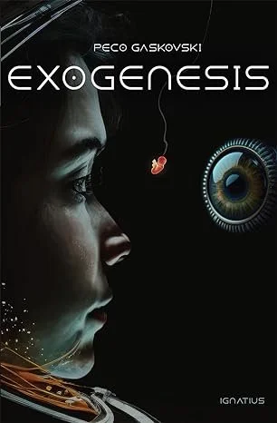 Book cover titled 'Exogenesis' by Peco Gaskovski, featuring a profile of a person's face with futuristic digital elements and a large eye.