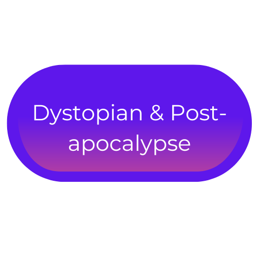 A purple, oval-shaped button with white text that reads "Dystopian & Post-apocalypse" on a black background.