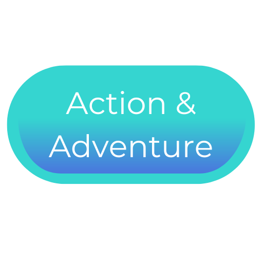 A rounded teal and blue gradient badge with the text 'Action & Adventure' in white.