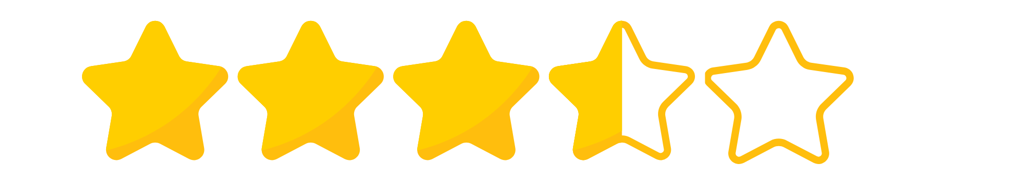 Five star rating graphic, with the first three stars filled in yellow, the fourth star partially outlined, and the fifth star an outline.