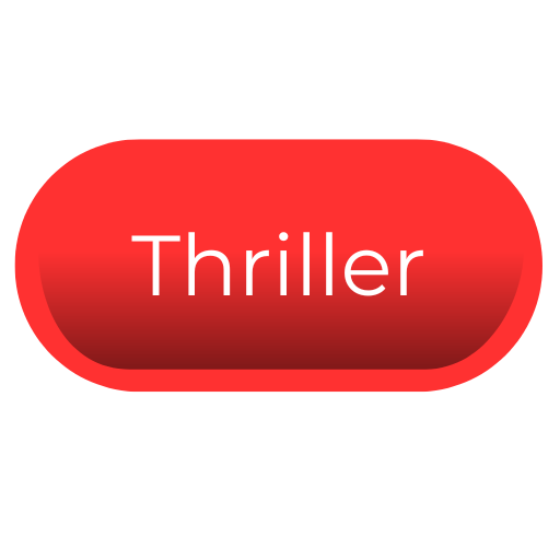 Red elliptical button with the word "Thriller" written in white, on a black background.