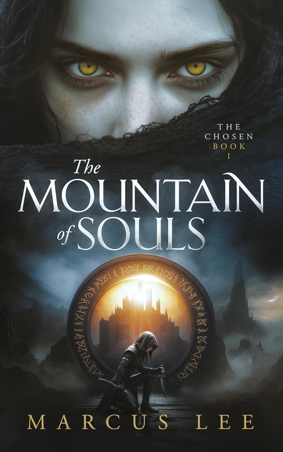 Book cover for 'The Mountain of Souls' by Marcus Lee, featuring a large pair of piercing yellow eyes at the top, a woman kneeling with a sword in front of a mystical glowing castle framed by a circular runic symbol, with dark ominous background scenery.