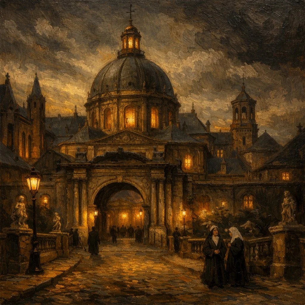 A painting of a historic European city street at dusk with a large domed church illuminated from within. Street lamps light the cobblestone street, and two women in dark attire converse in the foreground.