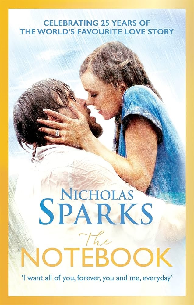 Book cover for The Notebook by Nicholas Sparks, showing a romantic scene of a man and woman about to kiss in the rain, with text celebrating 25 years of the story.