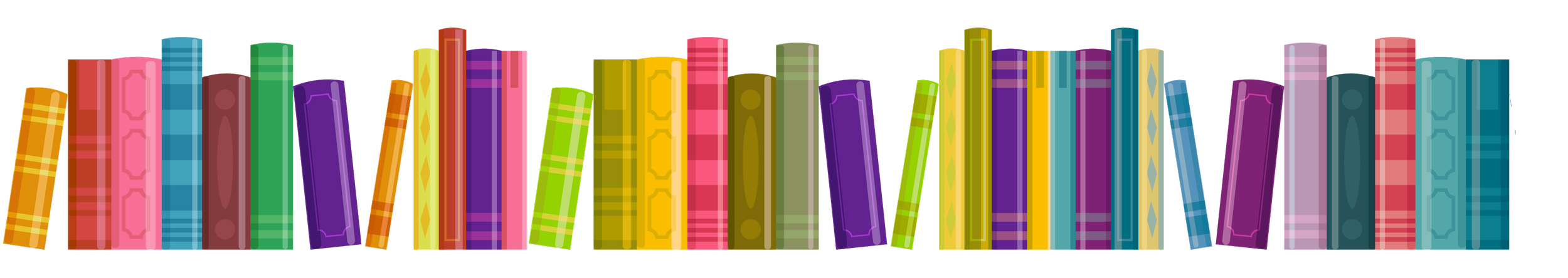 An illustration of a colorful bookshelf with a variety of differently colored books on a black background.