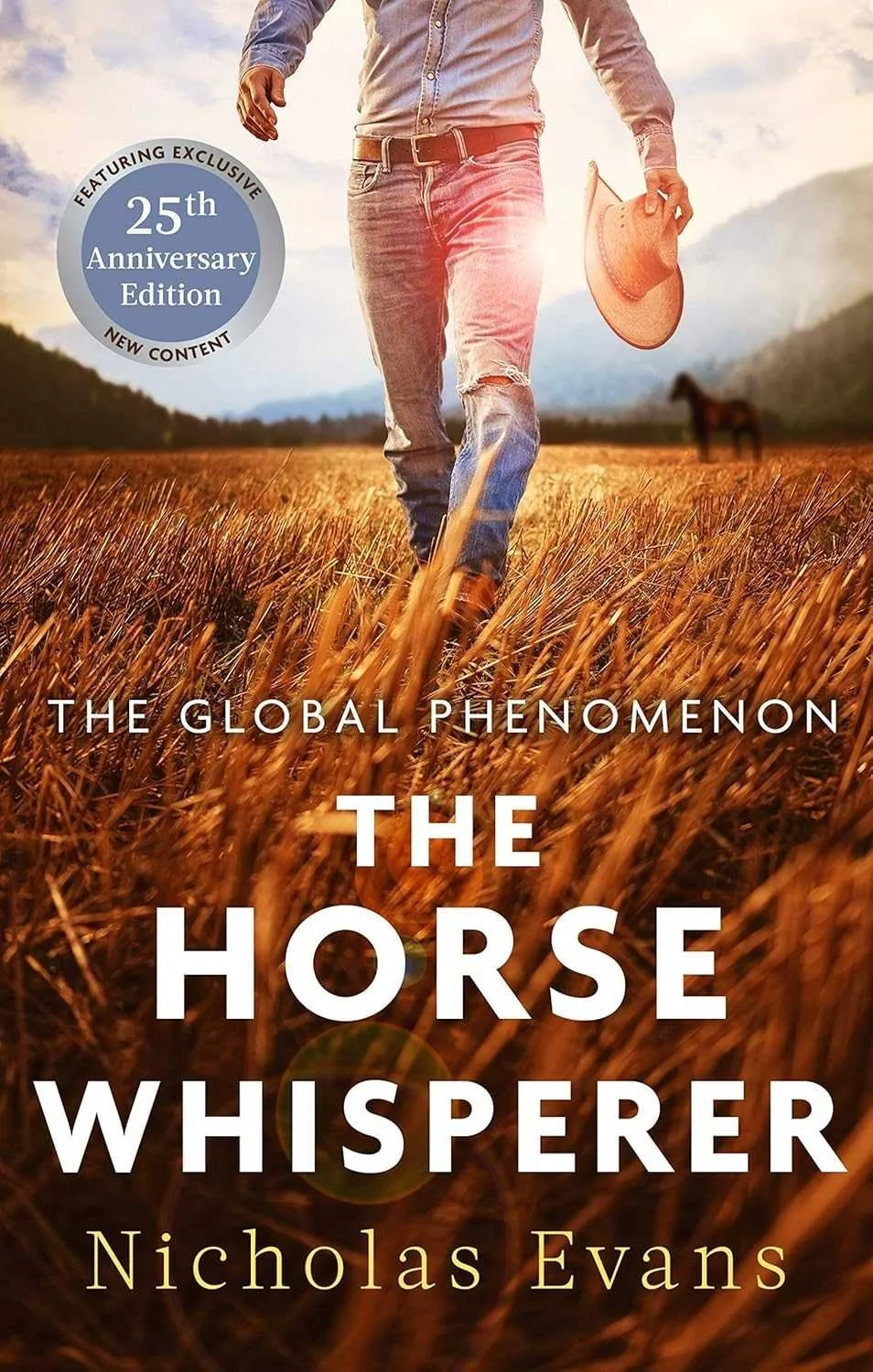 Book cover featuring a man walking through a field of tall grass or wheat, holding a cowboy hat, with mountains in the background and sunlight shining through.