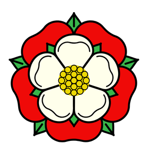 Stylized white rose with yellow center surrounded by red petals and green leaves.
