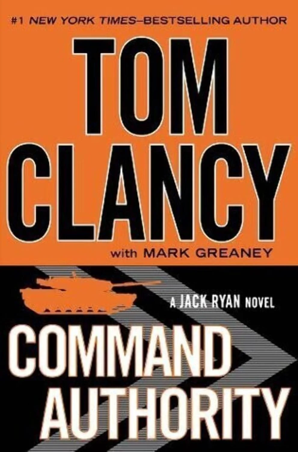 Cover of the book "Command Authority" by Tom Clancy with Mark Greaney. It features an orange background with bold black and white text, and a silhouette of a tank.