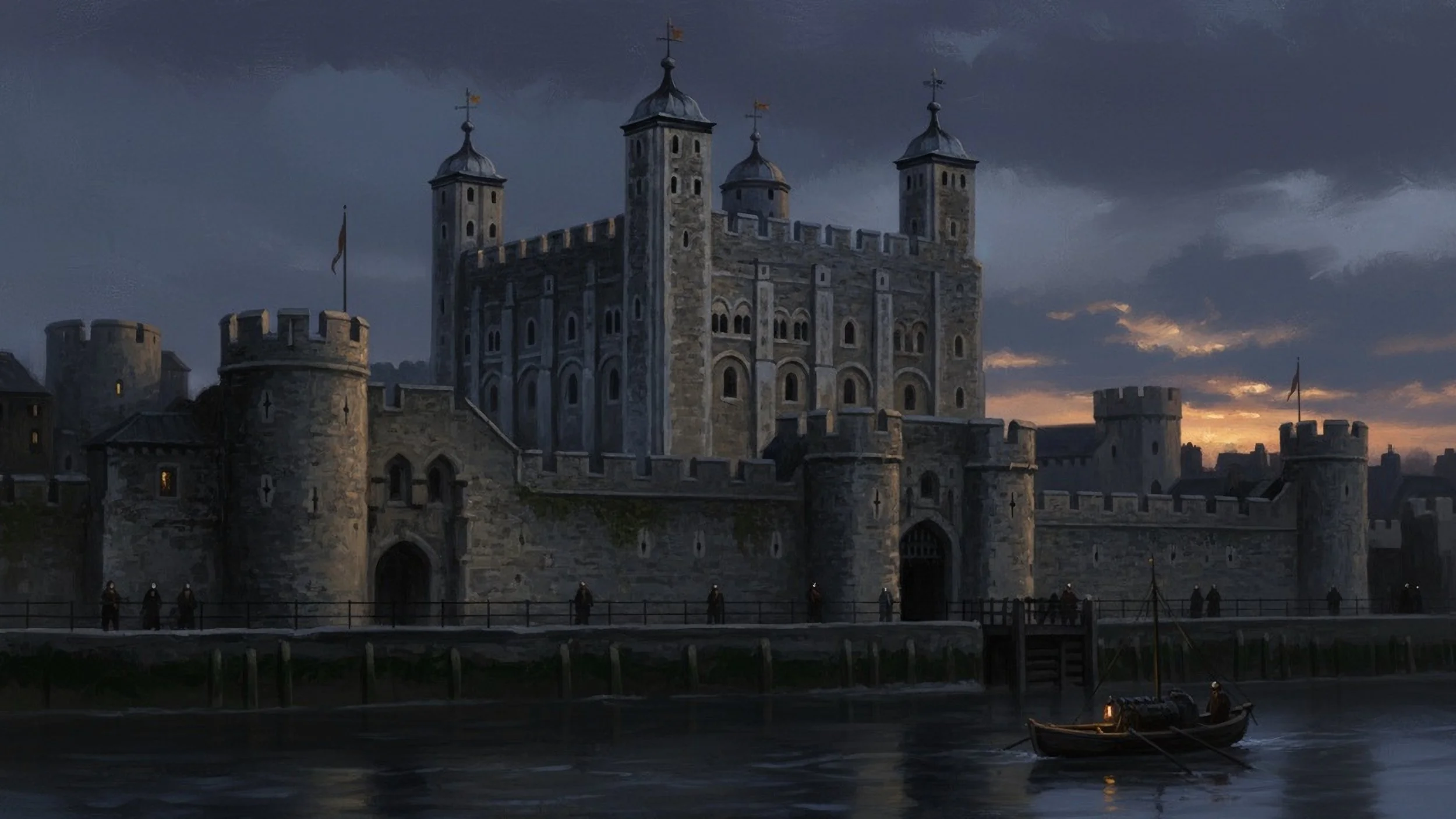 The Tower Of London on a dark night as it was in the 14th century