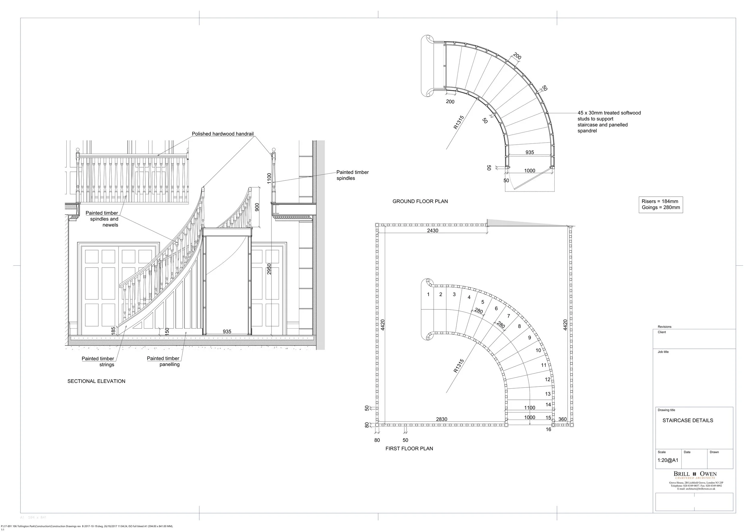 Architectural staircase detail drawing showing sectional elevation, curved stair plans, timber spindles, handrail, paneling, dimensions, and construction notes.