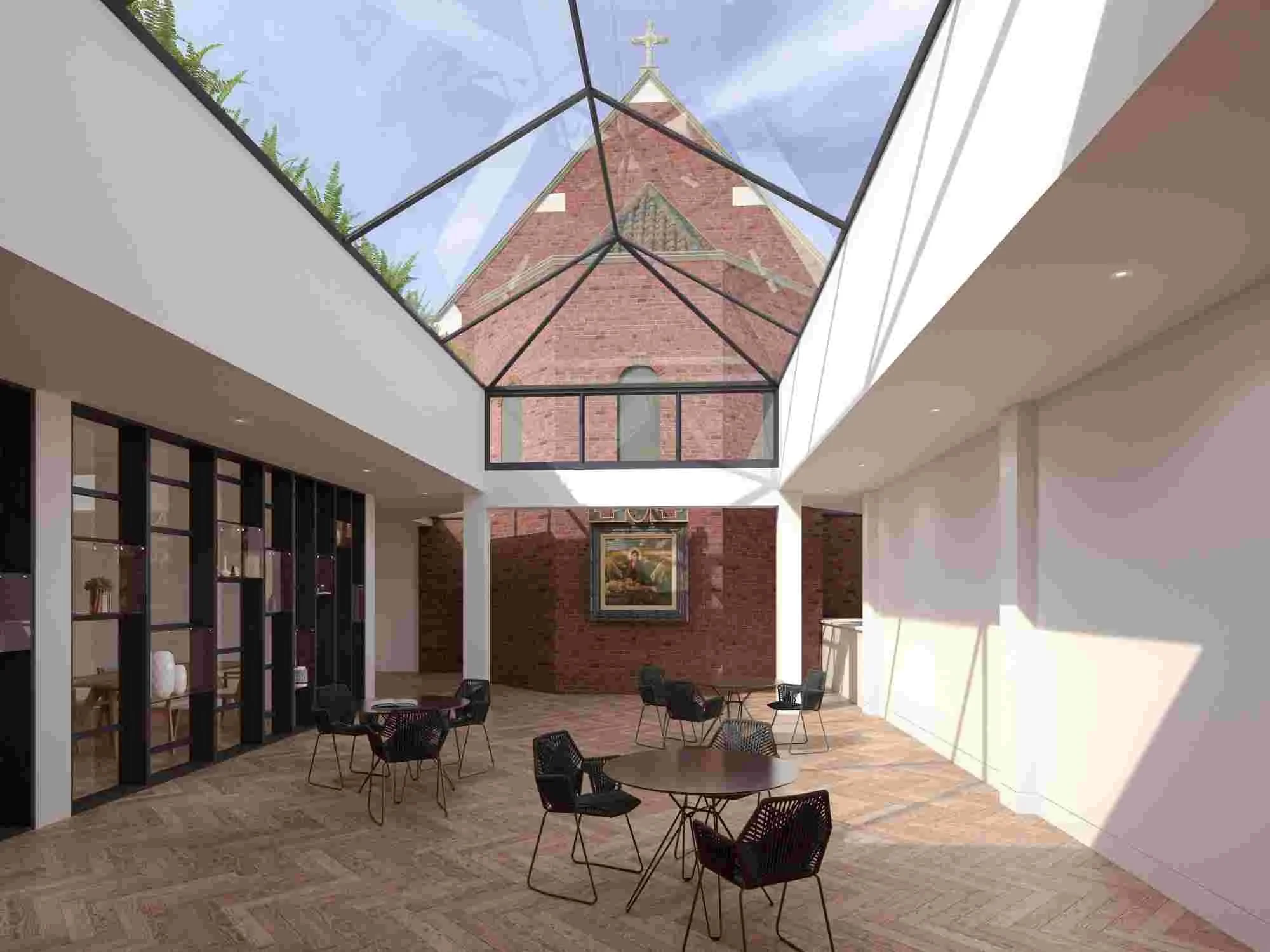 Interior view of atrium looking towards original Church