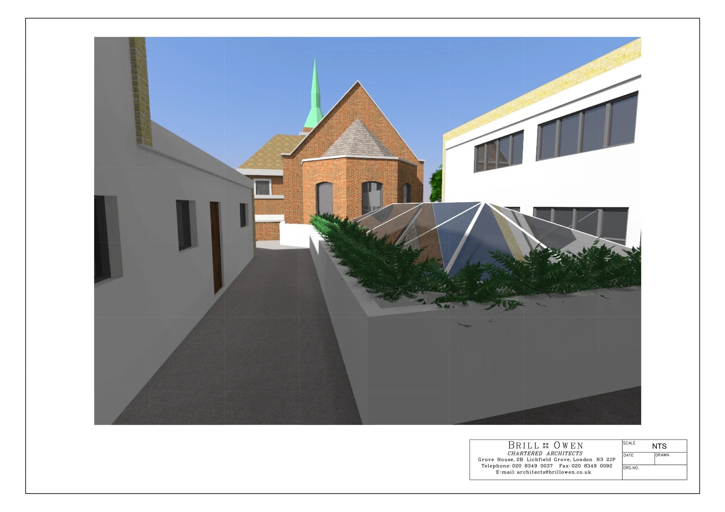 View towards Church from first floor terraces.