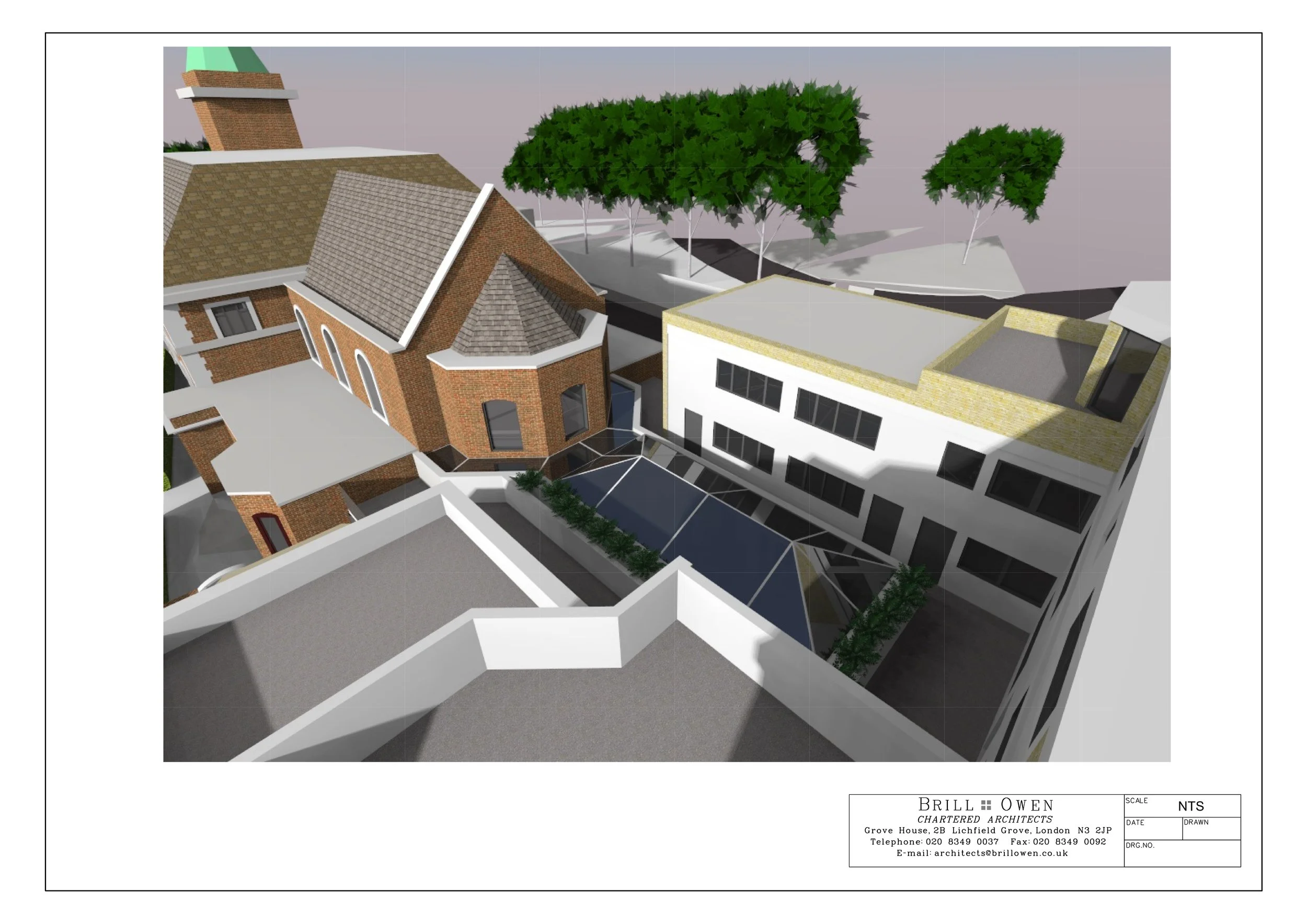Aerial view of the relationship between the atrium and Church.