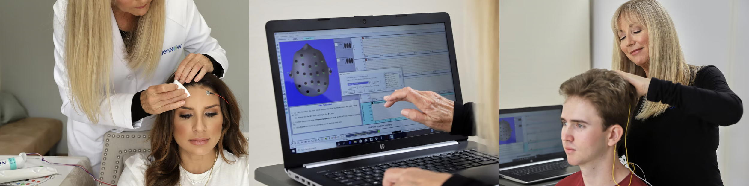Neurofeedback professional conducting sessions with clients, a Neurogen neurofeedback laptop and EEG machine to monitor brain activity.