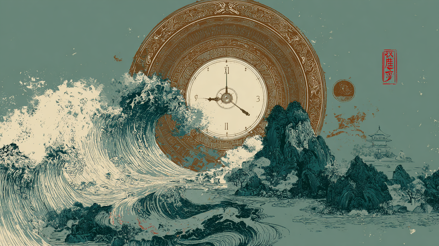 Artwork blending a traditional Japanese ocean scene with large waves, rocky islands, and a pagoda, overlaid with a vintage clock and intricate circular patterns, with red Japanese calligraphy.