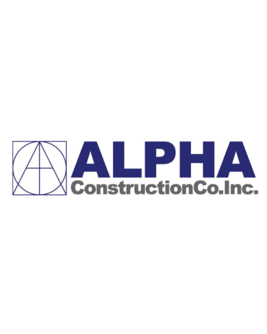 Logo for Alpha Construction Co. Inc., featuring a geometric graphic on the left and the company name in bold and regular fonts.