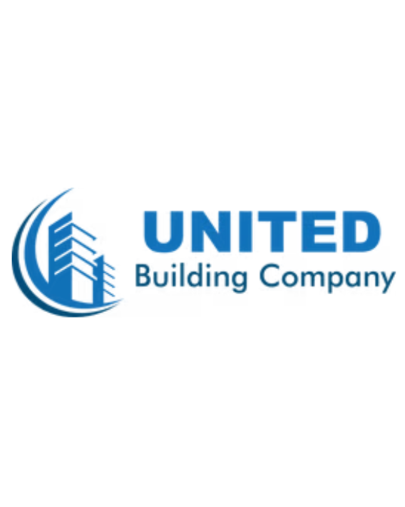 Logo of United Building Company with a stylized building and waves in blue.