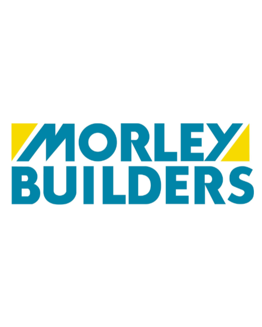 Morley Builders logo in blue with yellow accents on a white background.