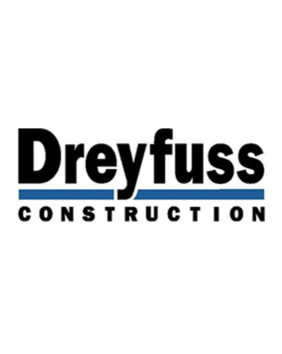 Logo for Dreyfuss Construction with the company name in bold black letters, a blue line underneath, and the word 'CONSTRUCTION' in capital letters below the line.