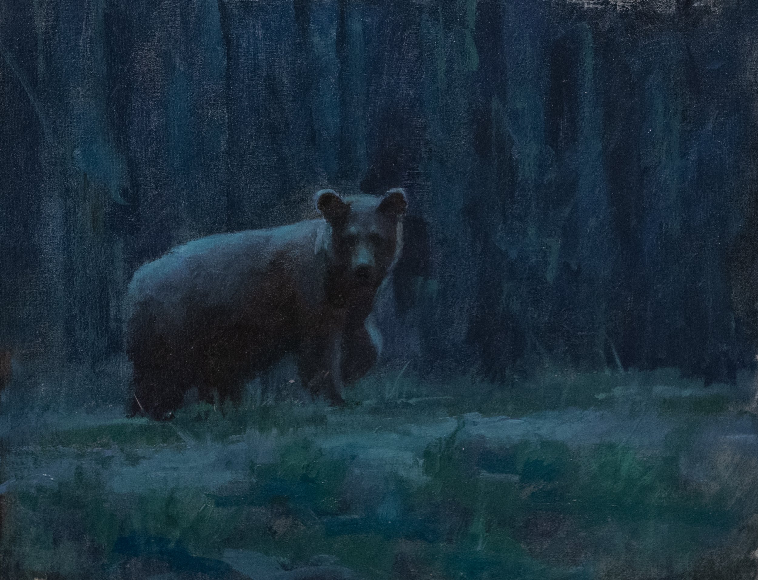 Painting of a bear standing on grass near a dark forest at dusk.