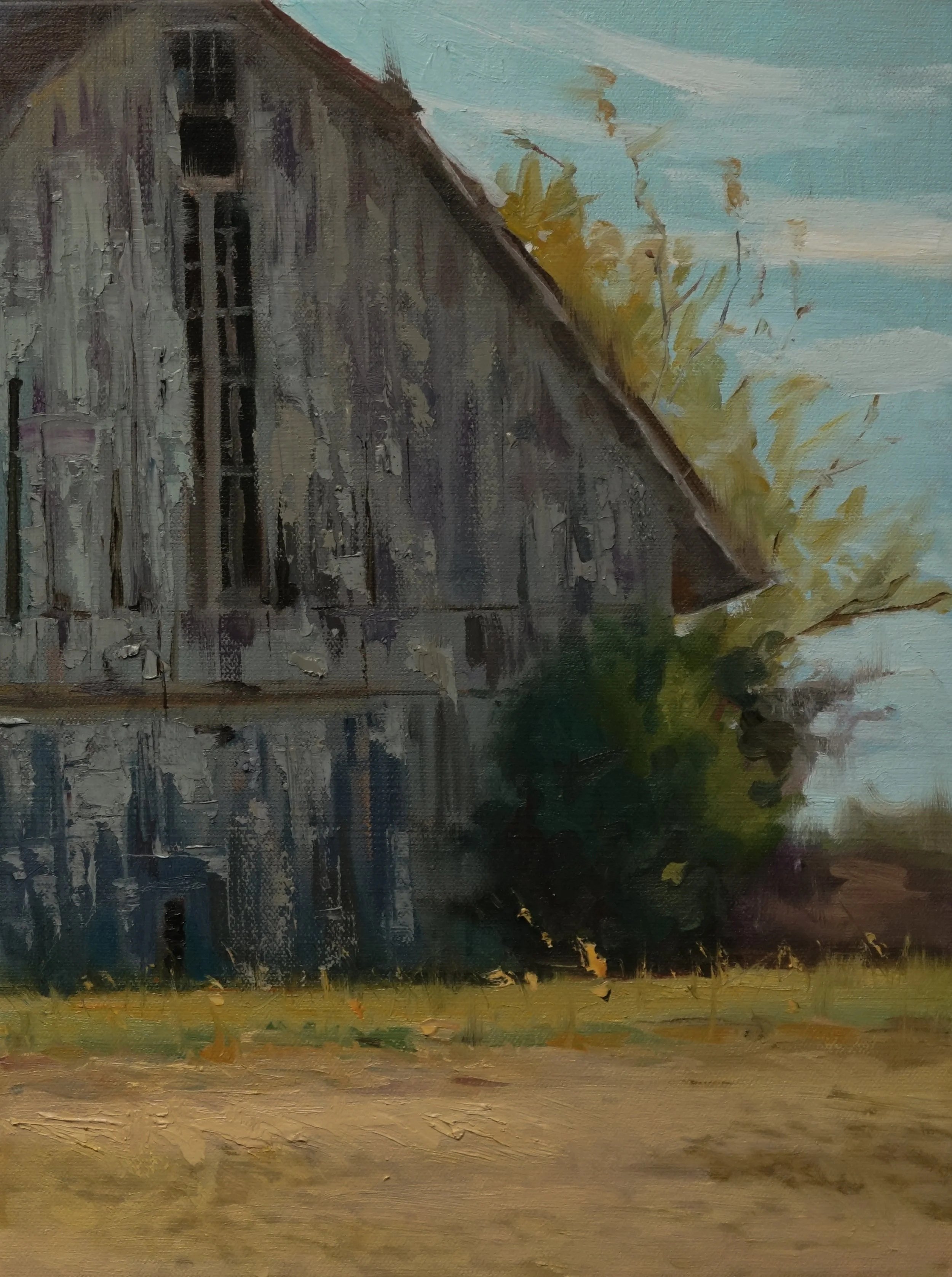 An oil painting of an old weathered barn with vertical wooden planks, set against a sky with some clouds and trees with autumn-colored leaves in the background.