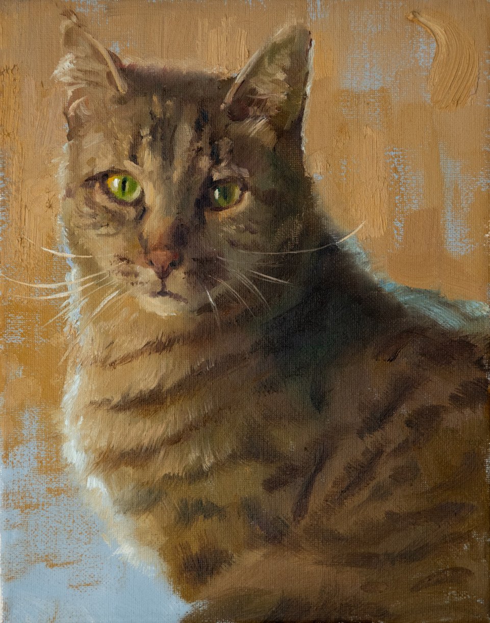 A painting of a tabby cat with green eyes, sitting against a textured, warm-toned background.