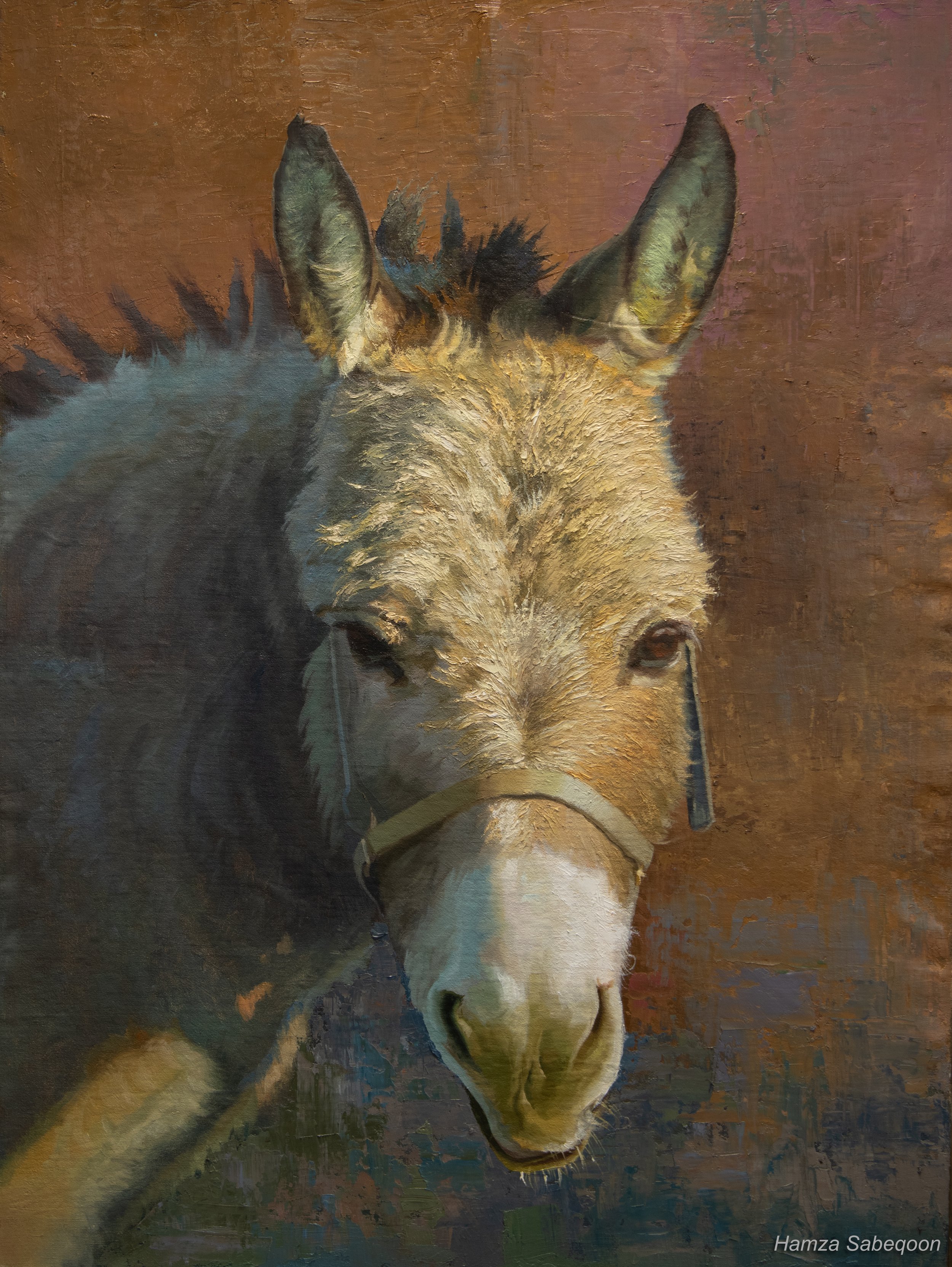 Close-up of a painting of a donkey with a brown background.